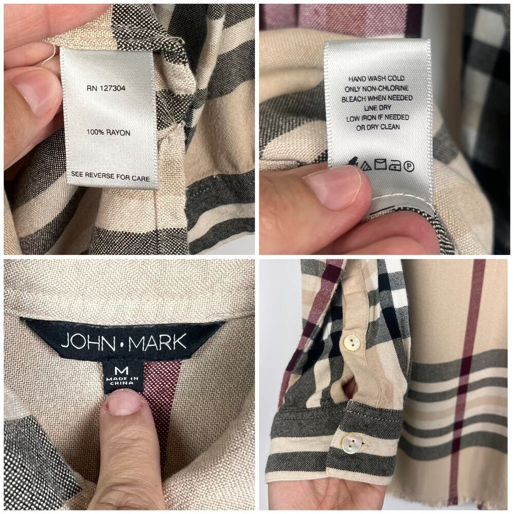 JHON.MARK PLaid Button Down Shirt M Tan Black Check Long Sleeve Frayed Hem - Picture 8 of 9